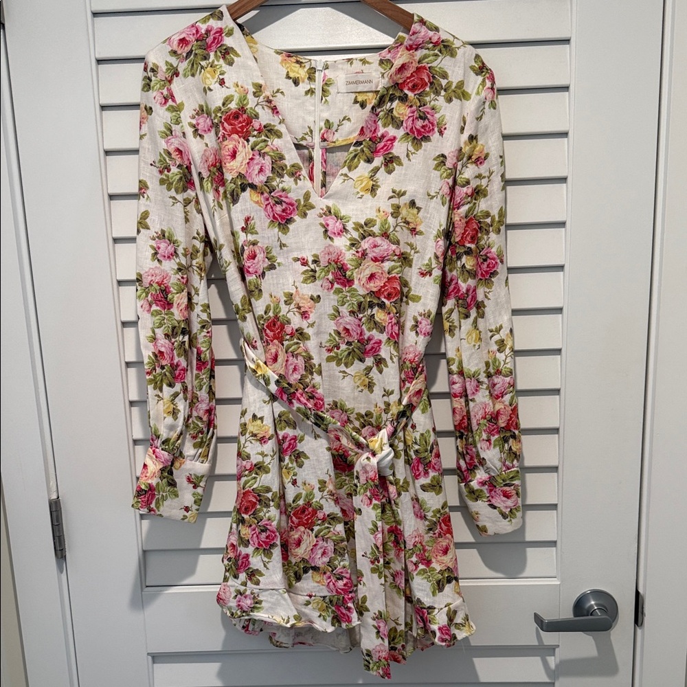 Zimmermann Pink and Green Floral Mini Linen Dress